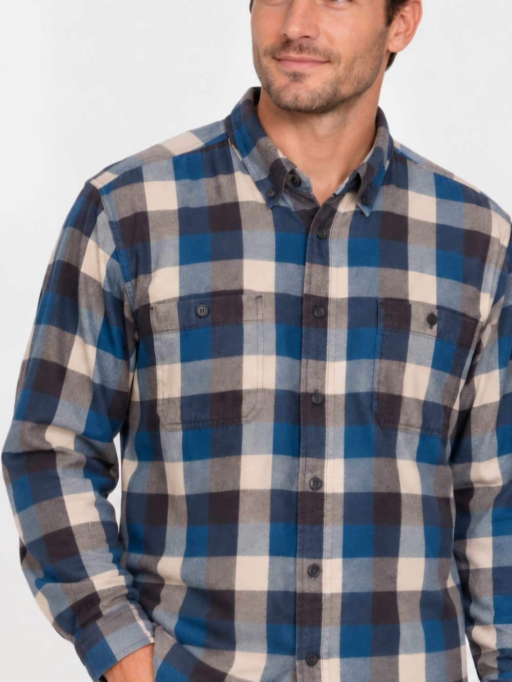 Outdoor Life Men’s XL Plaid Flannel Shirt Blue Cream 100% Cotton Button Up